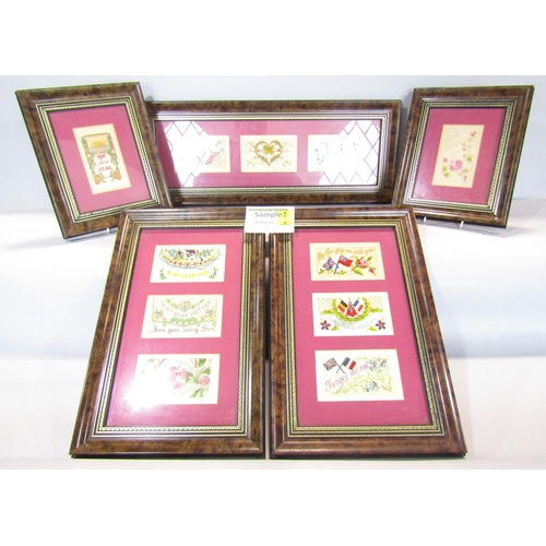 1418 - Five framed Sweet Heart postcards from WWI, a soda siphon, an advertisement Courvoisier ice bucket, ... 