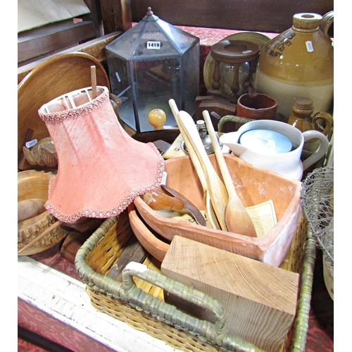 1419 - Kitchenalia: Wooden chopping boards, spatulas, rolling pins, pestle and mortar, stone ware flagons, ... 