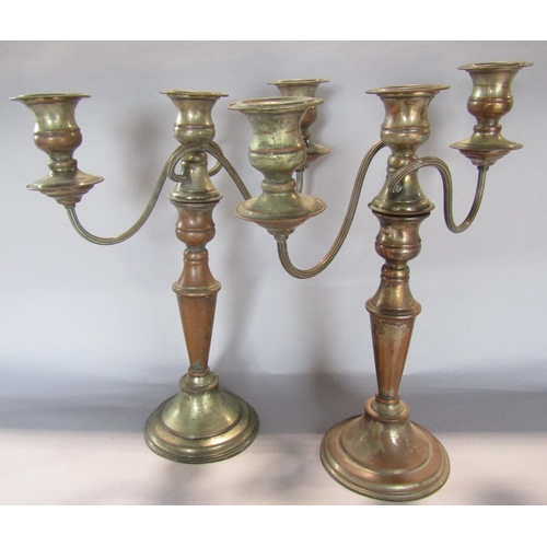 1420 - A miscellaneous collection of items including a pair worn candelabra, three brass oil lamps, a chamb... 