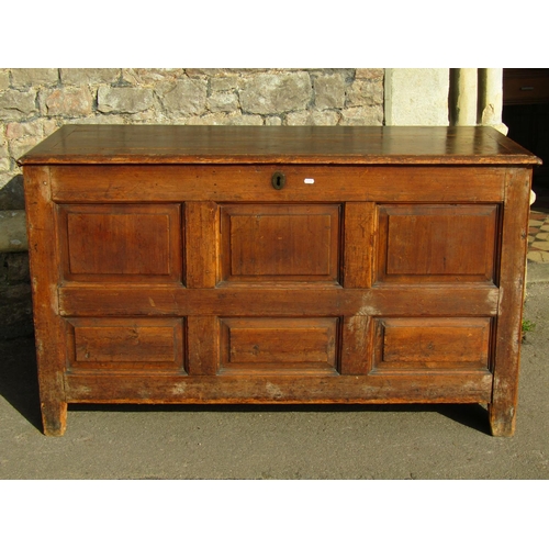 2667 - 18th century pine coffer with rising lid, the front elevation enclosed by six rectangular fielded pa... 