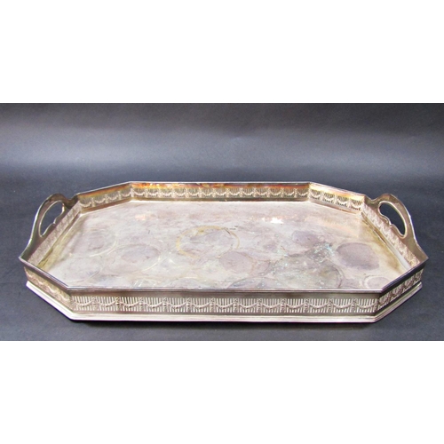 1197 - An Edwardian silver plated drinks tray with a pierced garlanded gallery 46cm, an assortment of loose... 