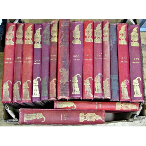 213 - A large quantity (four boxes) of The Punch Magazine, red and gilt bindings covering 1890s - 1945 per... 