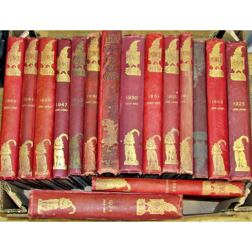 213 - A large quantity (four boxes) of The Punch Magazine, red and gilt bindings covering 1890s - 1945 per... 