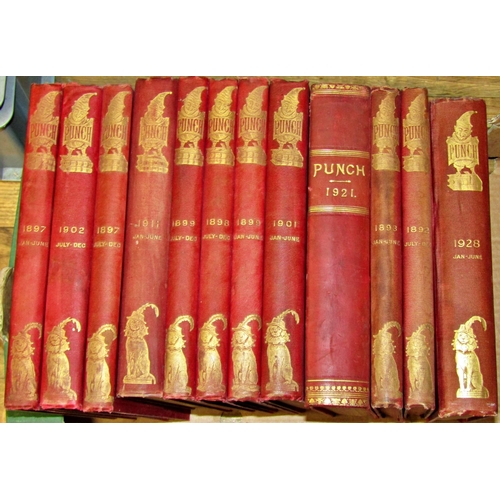 213 - A large quantity (four boxes) of The Punch Magazine, red and gilt bindings covering 1890s - 1945 per... 