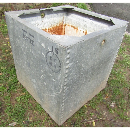 2039 - A square galvanised steel water tank with pop riveted seams, 55cm square