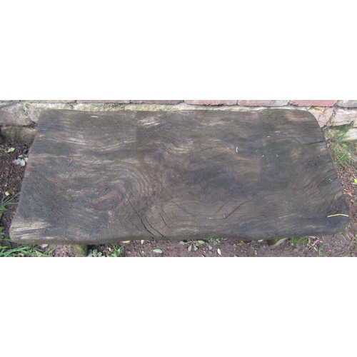 2042 - A rustic weathered oak or possibly elm occasional table with pegged stretcher, 91cm long x 42cm wide... 