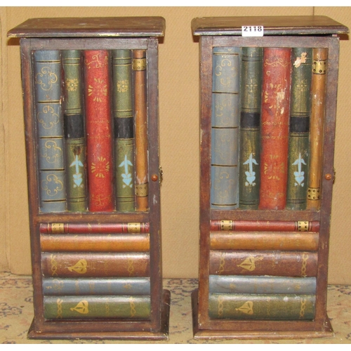 2118 - Pair of small novelty wooden cabinets, each enclosed by a single door, with mock book spines