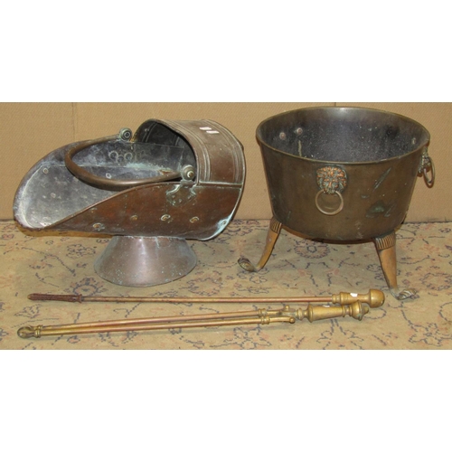 2119 - 19th century copper helmet shaped coal scuttle, two sundry fire irons and a bell metal pan, with lat... 