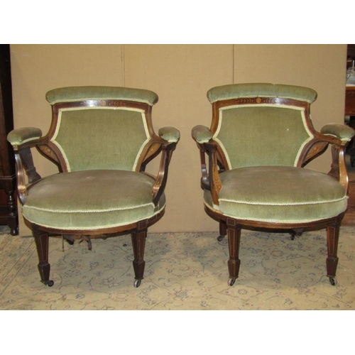 2126 - Pair of unusual inlaid Edwardian low drawing room armchairs with upholstered seats, back pads and ar... 