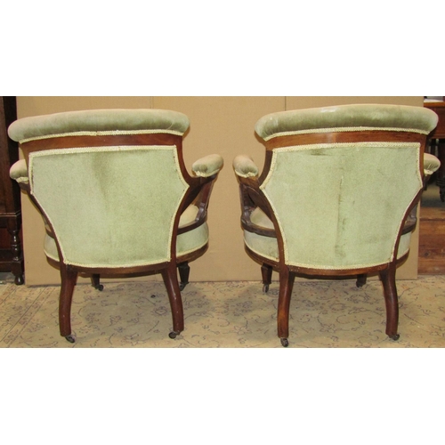 2126 - Pair of unusual inlaid Edwardian low drawing room armchairs with upholstered seats, back pads and ar... 