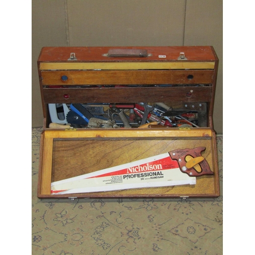 2138 - Portable stained wooden carpenters tool chest and contents, together with a quantity of ring spanner... 