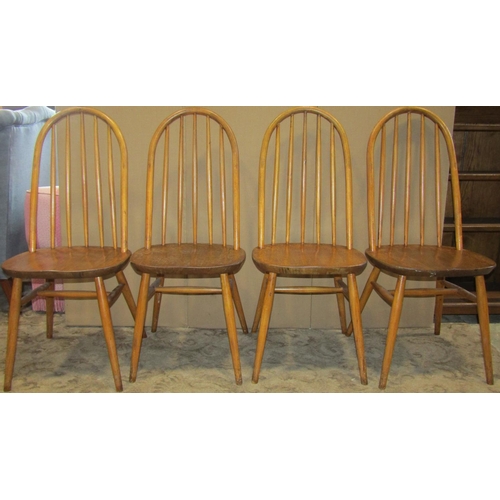 2161 - Set of four vintage Quaker style stick back priory dining chairs with solid seats, raised on simple ... 