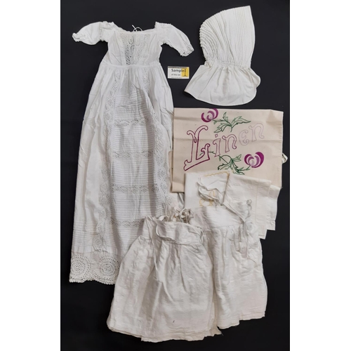 1598 - Box of vintage white linen including a late 19th/ early 20th century ladies sun bonnet  with corded ... 