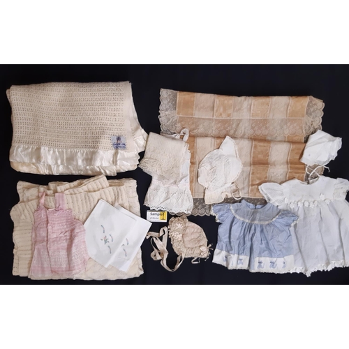 1599 - Boxful of vintage blankets and baby clothes including a Scottish cream woollen blanket 'Lan-Air-Cell... 