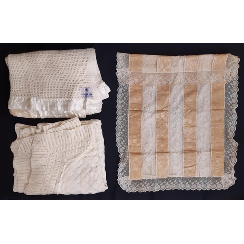 1599 - Boxful of vintage blankets and baby clothes including a Scottish cream woollen blanket 'Lan-Air-Cell... 