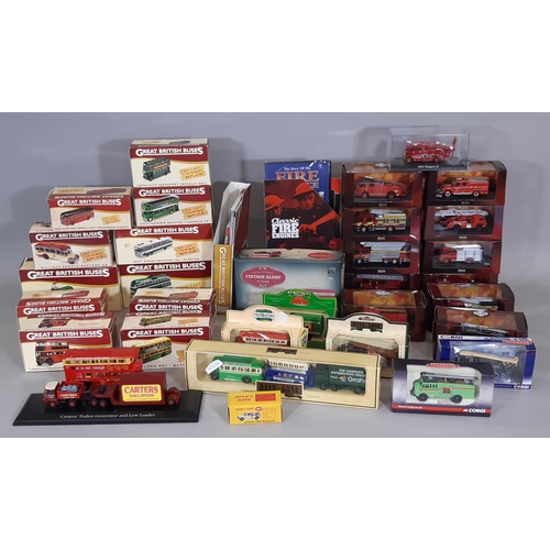 370 - Collection of model vehicles including 11 boxed fire engines and 11 1:76 scale die cast model buses ... 