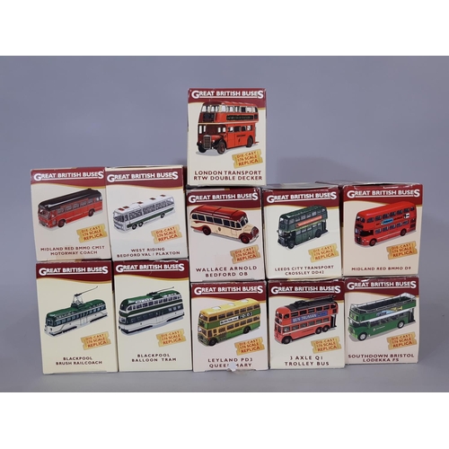 370 - Collection of model vehicles including 11 boxed fire engines and 11 1:76 scale die cast model buses ... 