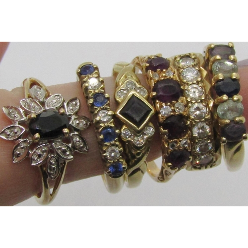 1298 - Six 9ct gem set rings of various design, to include four examples set with diamonds, 14g total