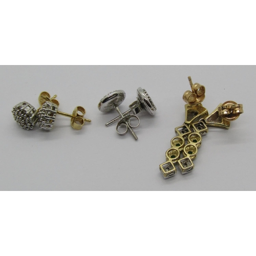 1301 - Three pairs of gold earrings; an 18ct pair of diamond cluster studs, a 9ct white gold pair of diamon... 