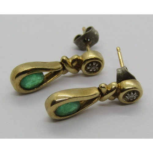 1303 - Five pairs of 9ct gem set earrings to include a pair of emerald and diamond drops, 9.7g total