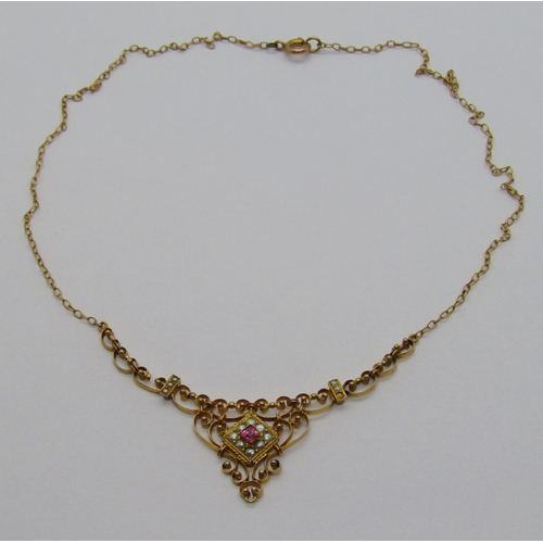 1304 - Antique 9ct necklace set with seed pearls and a square cut ruby, 4.8g, together with a 22ct opal rin... 