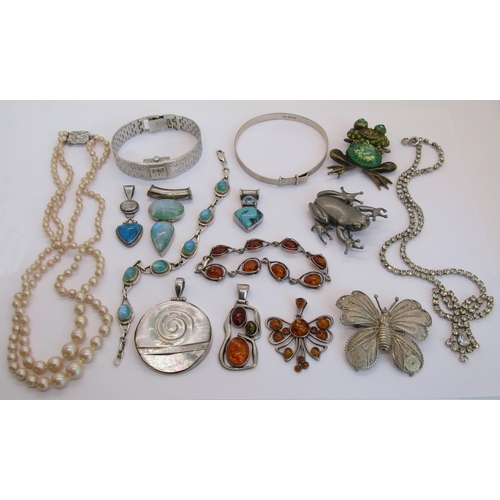 1325 - Collection of gem set silver jewellery comprising an amber bracelet and two pendants, a further brac... 