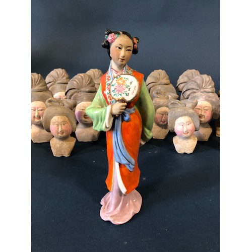 1048A - Nineteen Chinese Figurative Items: Seventeen Tang type court lady heads, a carved and polychrome pai... 