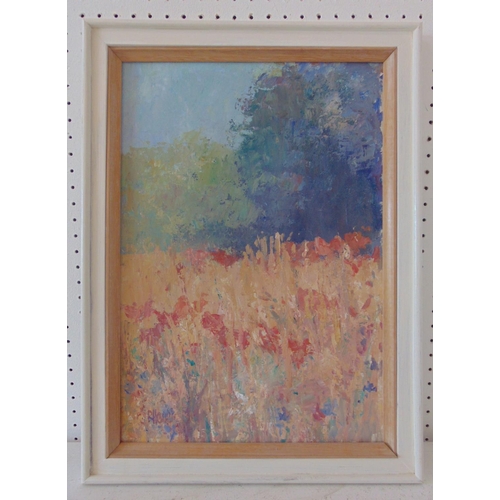 21 - Roy Hewish (b.1929) - Two oil paintings on board: 'Longtree Barns' and 'Poppy Cornfield', 30 x 44 cm... 