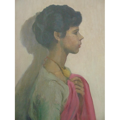 5 - Ursula Bradley (20th Century) - Three-Quarter Profile Portrait of a Standing Woman, oil on board, si... 