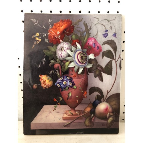 19 - Continental School, c.19th Century - Painted porcelain tile depicting still life with flowers in urn... 