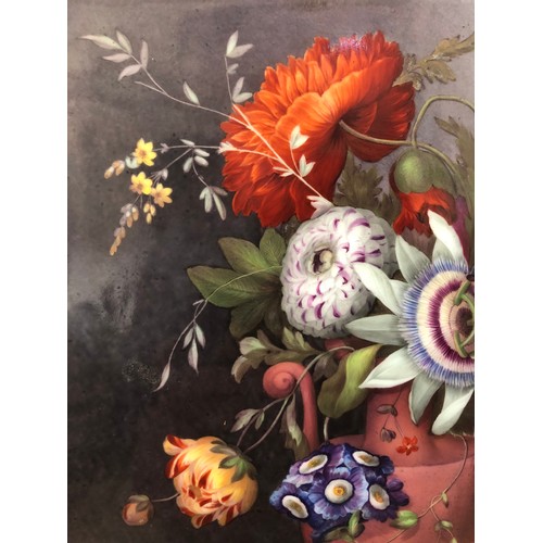 19 - Continental School, c.19th Century - Painted porcelain tile depicting still life with flowers in urn... 