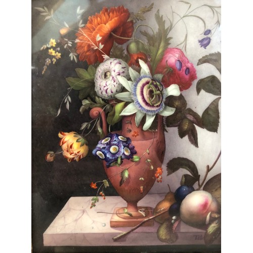 19 - Continental School, c.19th Century - Painted porcelain tile depicting still life with flowers in urn... 