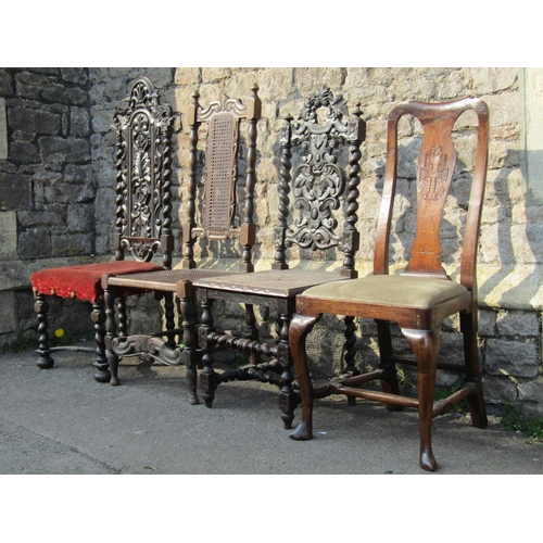 2225 - Three Victorian carved oak single high back chairs of varying size, in the Carolean style, together ... 