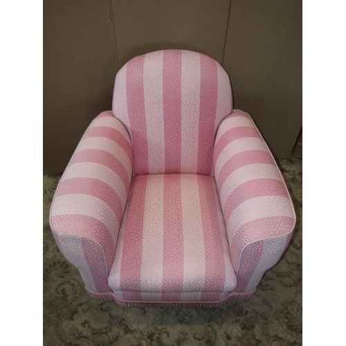 2297 - A vintage art deco style club armchair with repeating floral sprig and alternating light pink stripe... 