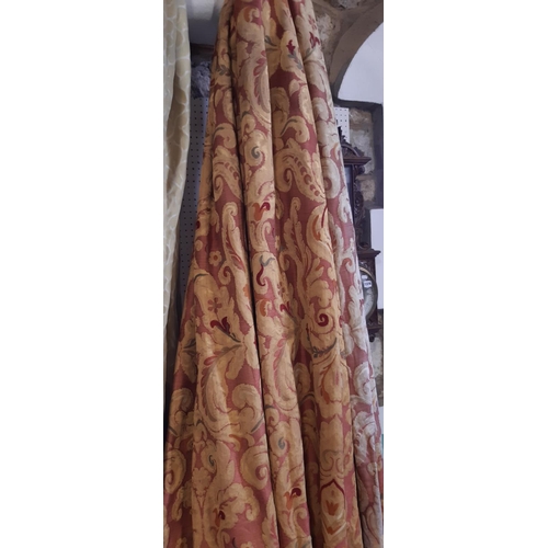 1552 - 3 pairs extra long heavyweight curtains in classical woven design in pink ground, lined and thermal ... 