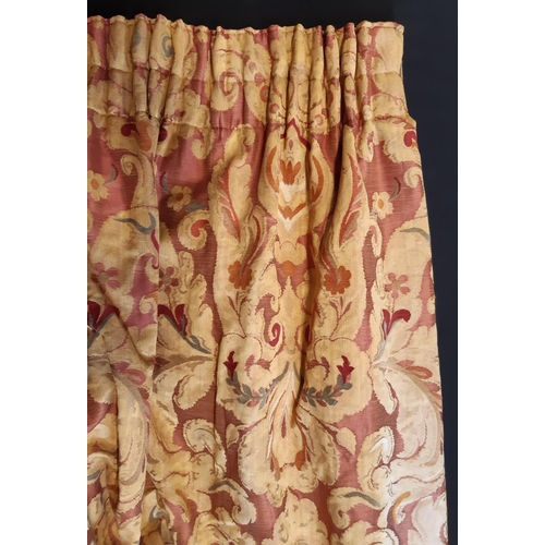 1552 - 3 pairs extra long heavyweight curtains in classical woven design in pink ground, lined and thermal ... 