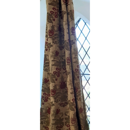 1555 - One pair vintage curtains in heavyweight woven fabric of red and olive colours on biscuit ground, wi... 