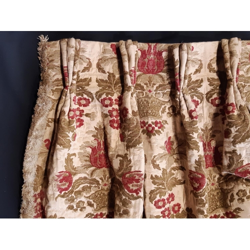 1555 - One pair vintage curtains in heavyweight woven fabric of red and olive colours on biscuit ground, wi... 