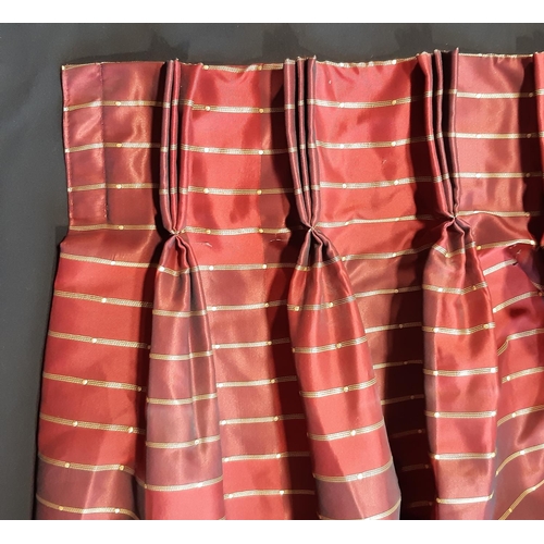 1558 - Ex hotel stock; 2 pairs very wide and extra long curtains in red striped fabric, lined with triple p... 