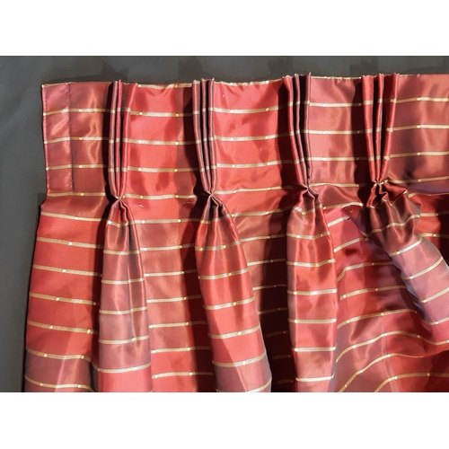 1559 - Ex hotel stock; 5 pairs extra long curtains in red striped fabric, lined with triple pleat heading. ... 