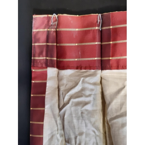 1559 - Ex hotel stock; 5 pairs extra long curtains in red striped fabric, lined with triple pleat heading. ... 