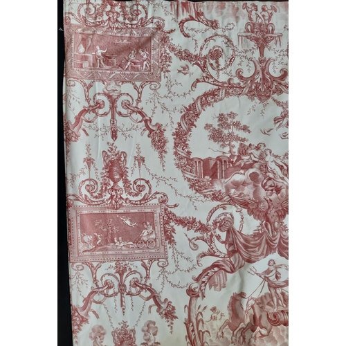 1576 - One pair extra long curtains in Toile de Jouy type cotton fabric, lined with pencil pleat heading. S... 