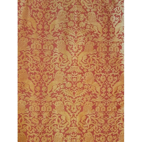 1578 - One pair curtains in heavy rust-red and gold chenille pattern, lined with pencil pleat heading. Size... 