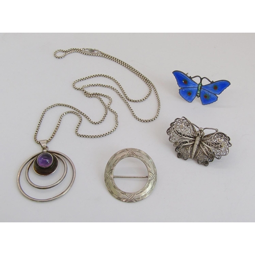 1326 - Group of silver jewellery comprising a Scandinavian cabochon amethyst pendant by Niels Erik From, on... 