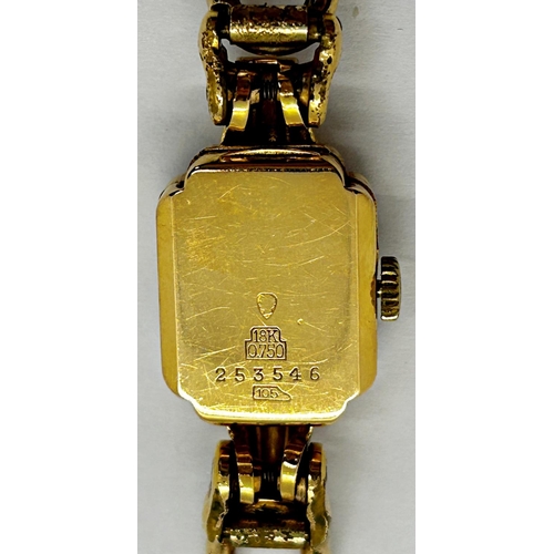 1361 - A ladies dress watch with 18k casework, square dial, and gold plated strap