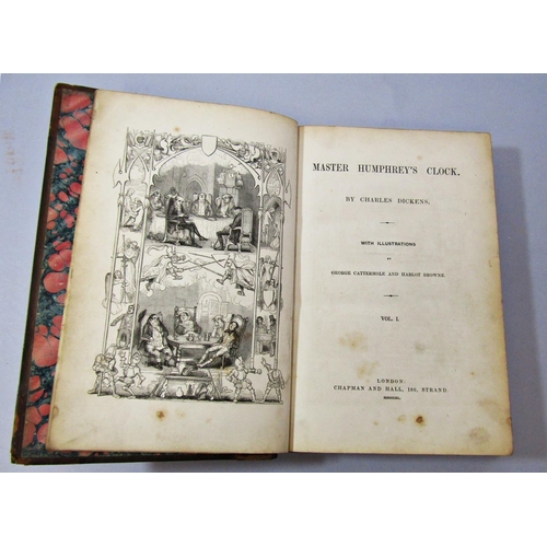 289 - Dickens Master Humphrey Clock by Cattermore and Browne, two volumes part leather bindings, 1840, 1st... 