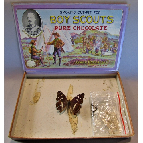 1457 - A Lepidopterist’s collecting kit contained in a vintage C&A shirt box, some mounted butterfly specim... 