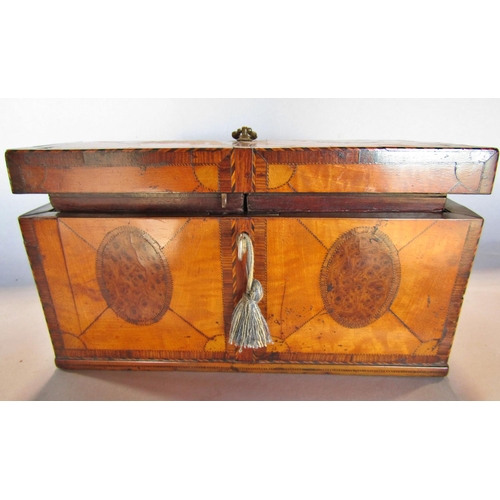 1473 - An 18th century satinwood tea caddy, with oval burr walnut panels with rosewood banding , cross stru... 