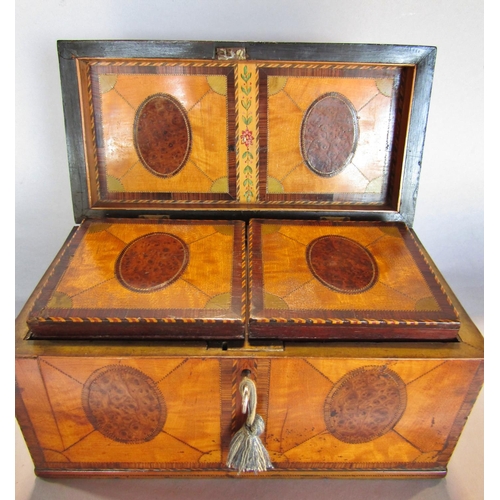 1473 - An 18th century satinwood tea caddy, with oval burr walnut panels with rosewood banding , cross stru... 