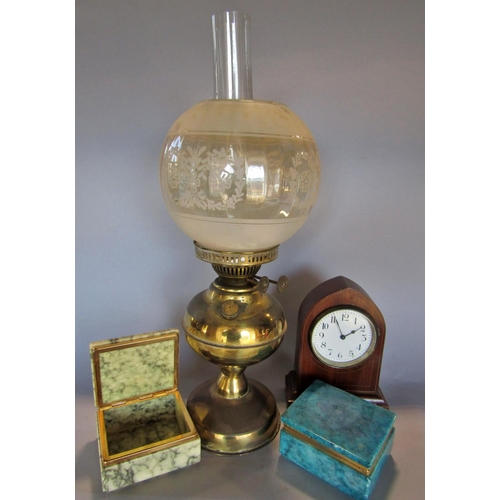 1479 - A 19th century brass oil lamp, a mahogany cased mantel clock and a blue and a grey marble cigarette ... 